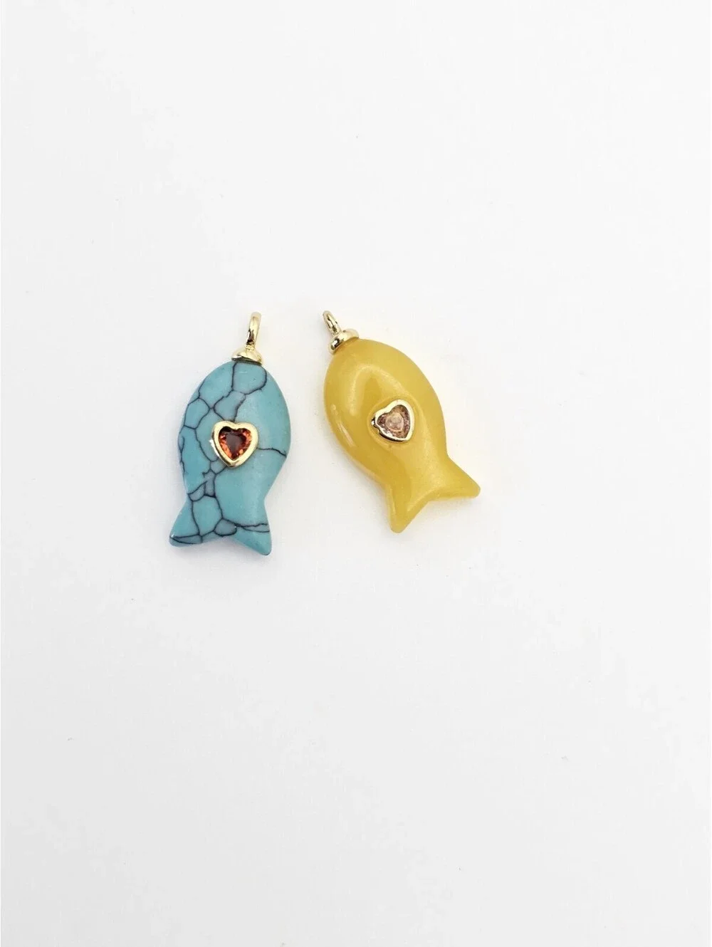 Two Gemstone Fish Charms for Carabiner Turquoise Yellow Quartz CZ MSRP $58
